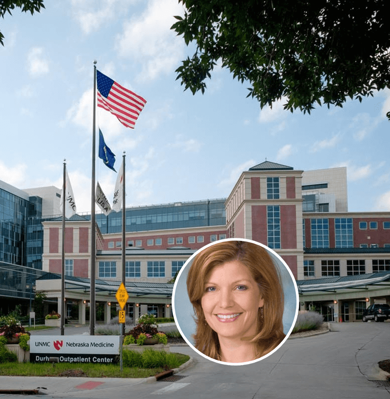 Osteoboost Clinical location - exterior of the University of Nebraska Medical Center with a photo of Dr. Laura Bilek inset.